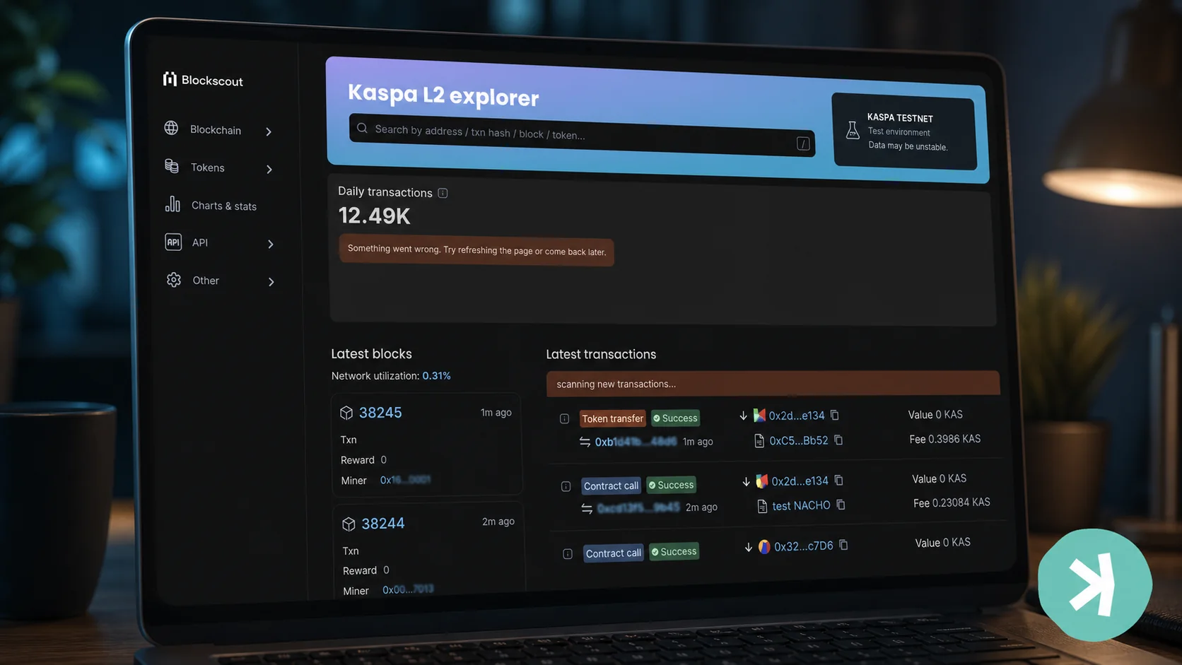 Kaspa testnet laboratory with separate teal lanes for rollups wallets exchanges and developer tools