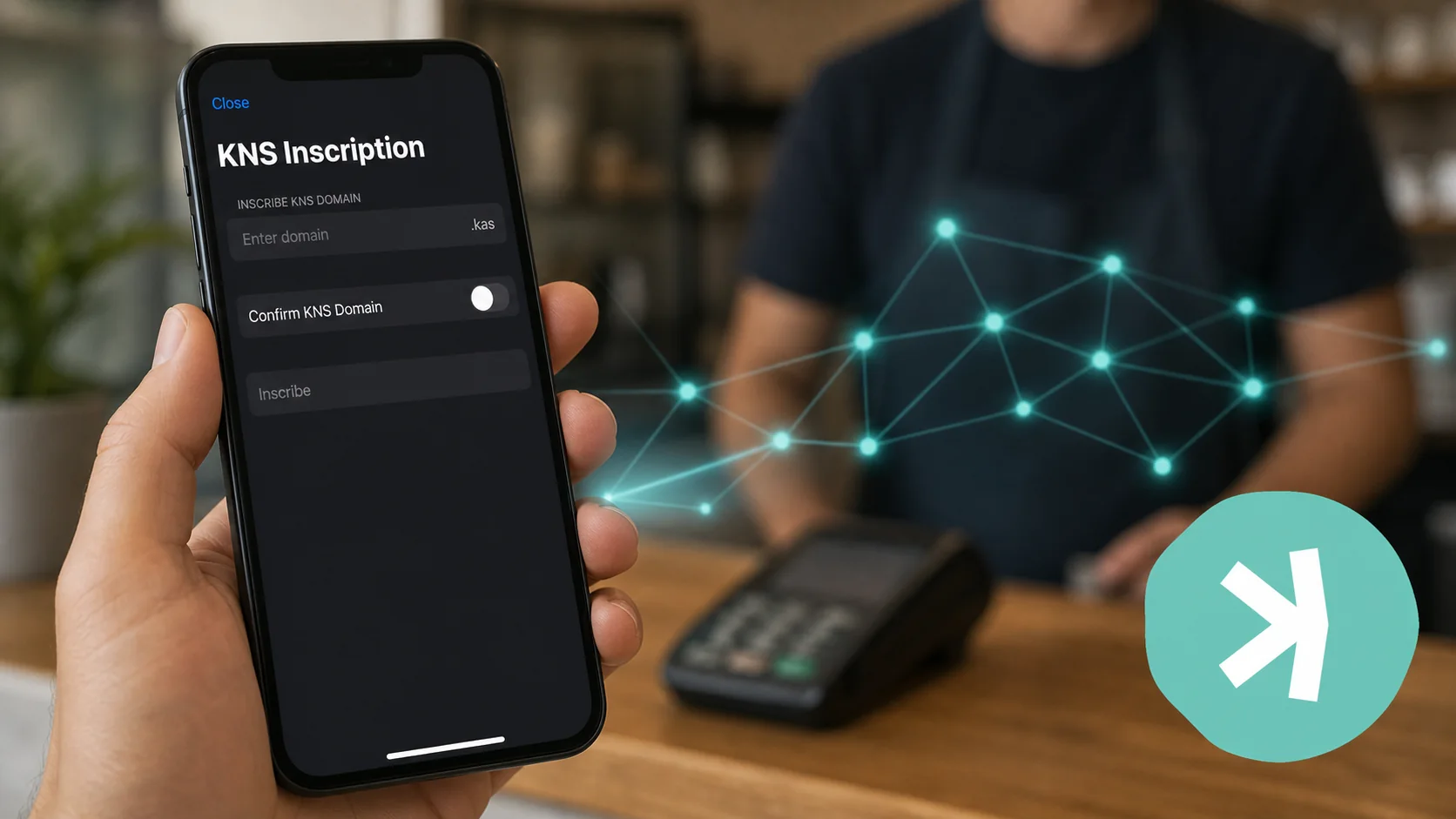 Mobile Kaspa wallet resolving a human readable dot kas name into a verified teal payment address
