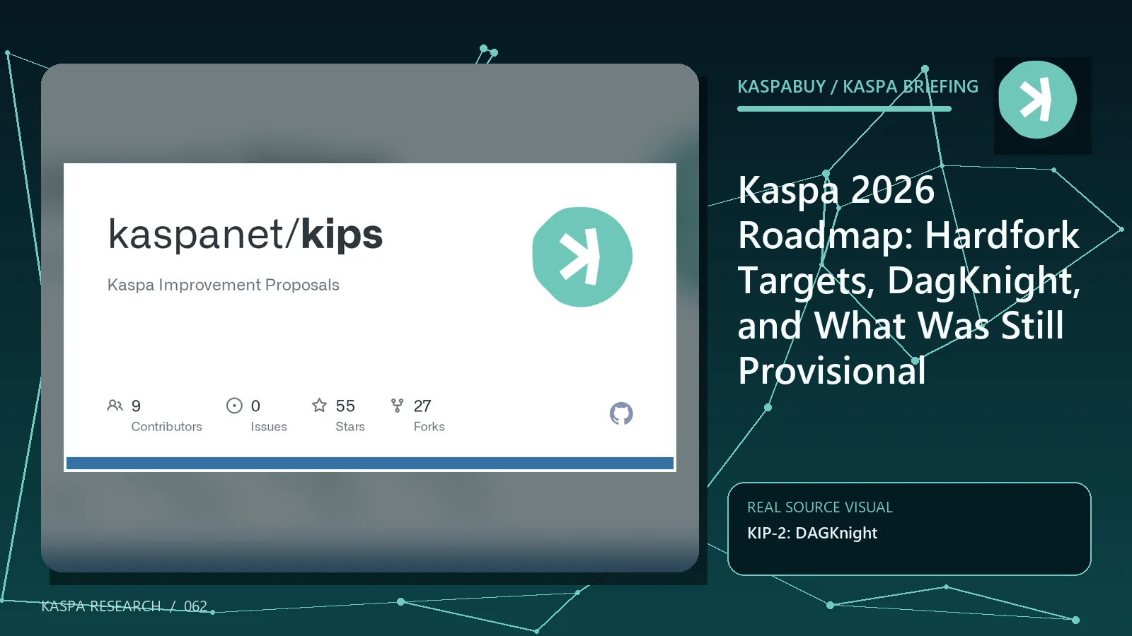 Editorial illustration for Kaspa 2026 Roadmap: Hardfork Targets, DagKnight, and What Was Still Provisional