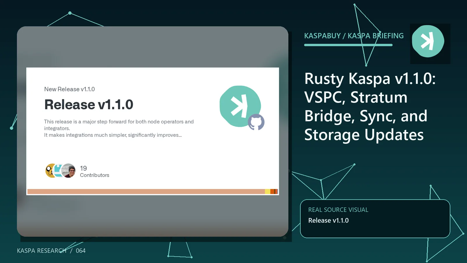Editorial illustration for Rusty Kaspa v1.1.0: VSPC, Stratum Bridge, Sync, and Storage Updates