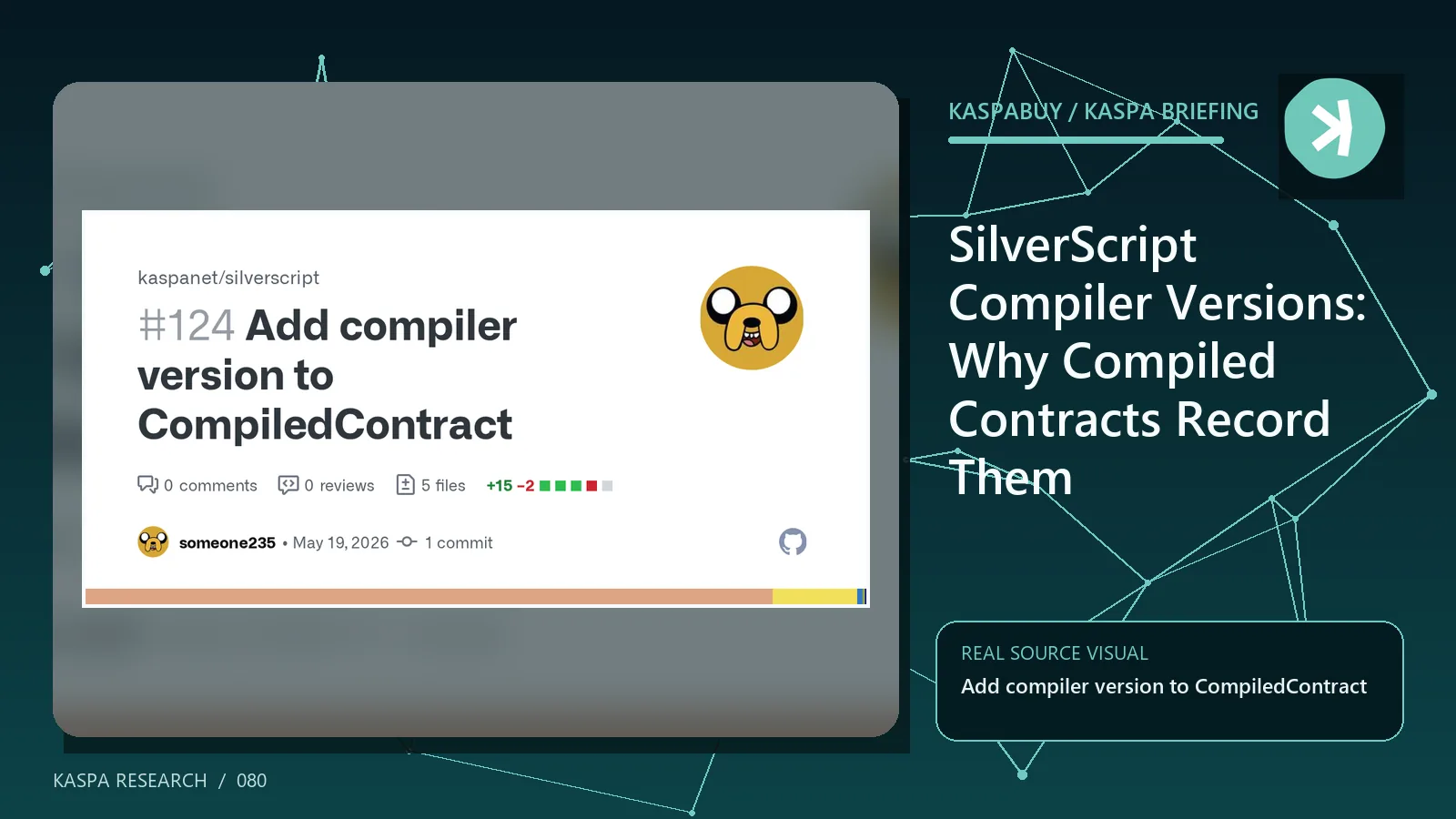 SilverScript compiled contract artifact labeled by compiler version in a Kaspa development workflow