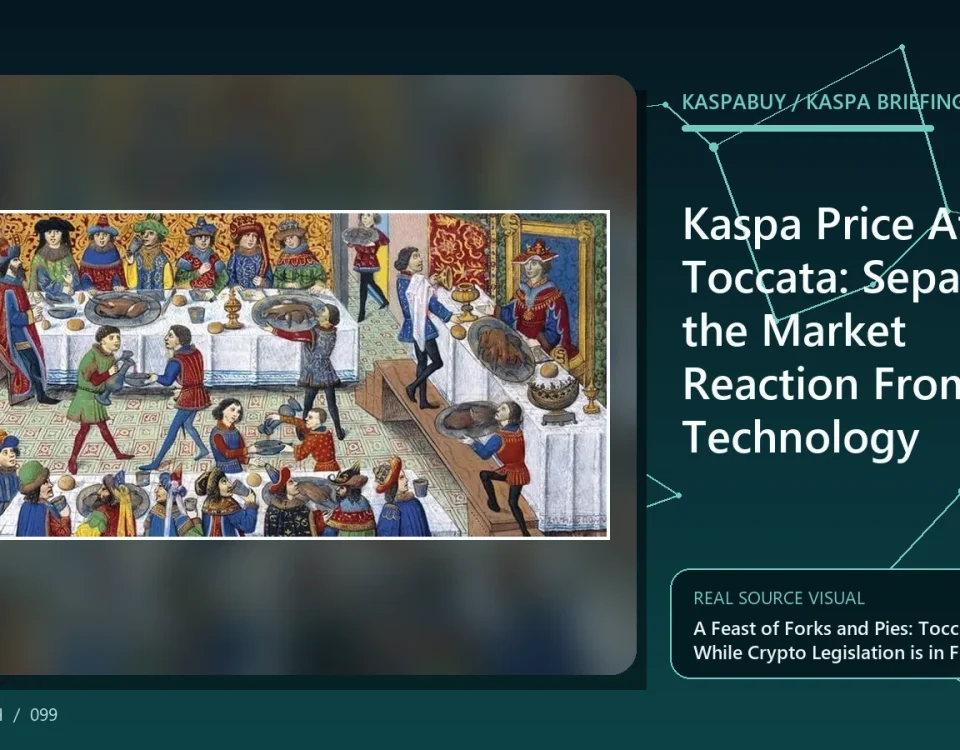 Kaspa Toccata activation timeline compared with a neutral KAS daily price range chart