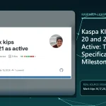 Official Kaspa KIP repository showing KIPs 16, 17, 20 and 21 marked Active after Toccata